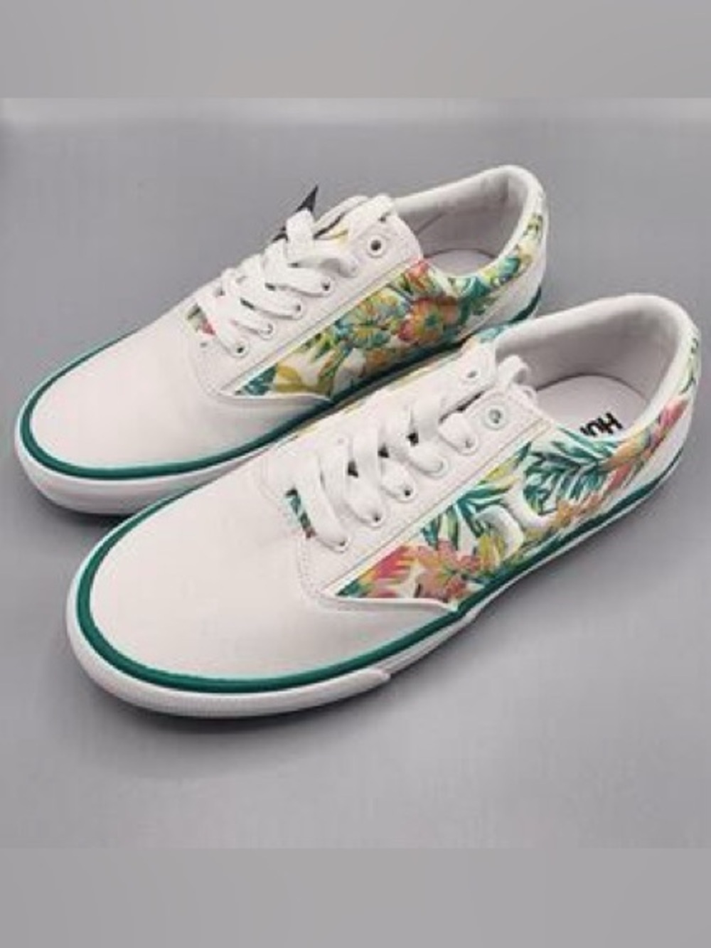 Hurley White Low Top Sneakers with Teal Trim and Tropical Floral Accents size 9